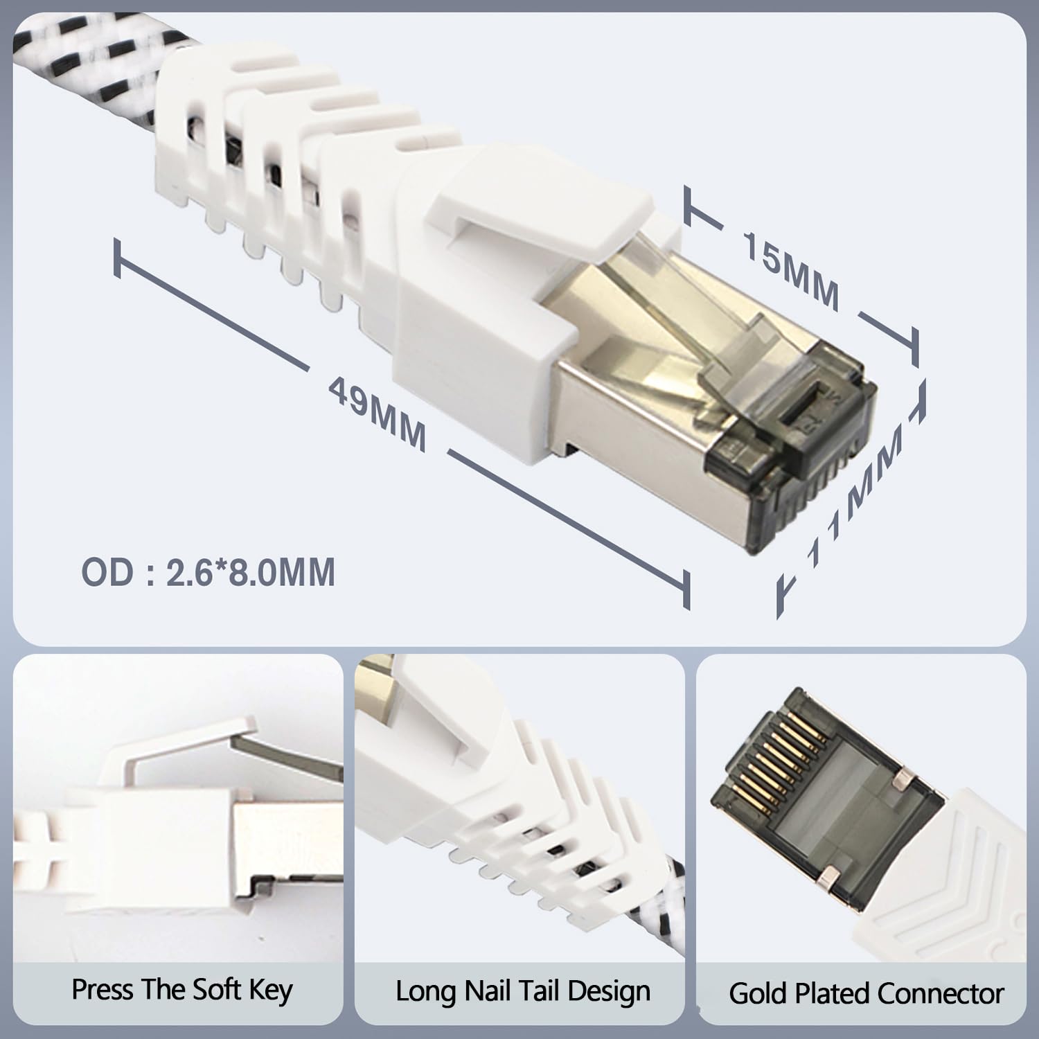 Qiuean Cavo Ethernet Cat 8, Cavo Lan Piatto Nylon Intrecciato 20 metri, 40 Gbps 2000 MHz, Cavo Di Rete Ad Alta Velocità, S/FTP Con Connettore Nichelato Rj45 per Ps5/Laptop/Router/Gaming/Modem