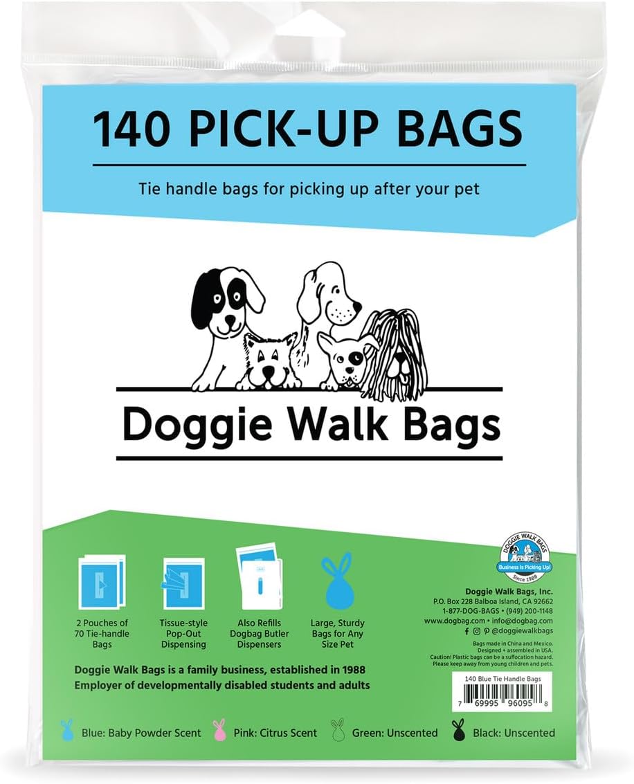Dog Waste Bags with Easy Tie Handles, Extra Thick and Strong Poop Bags for Dogs, Easy Dispensing and Leak Proof, 140 Doggy Bags, 7 x 5 x 17 Inches with Gusseted Sides,Green