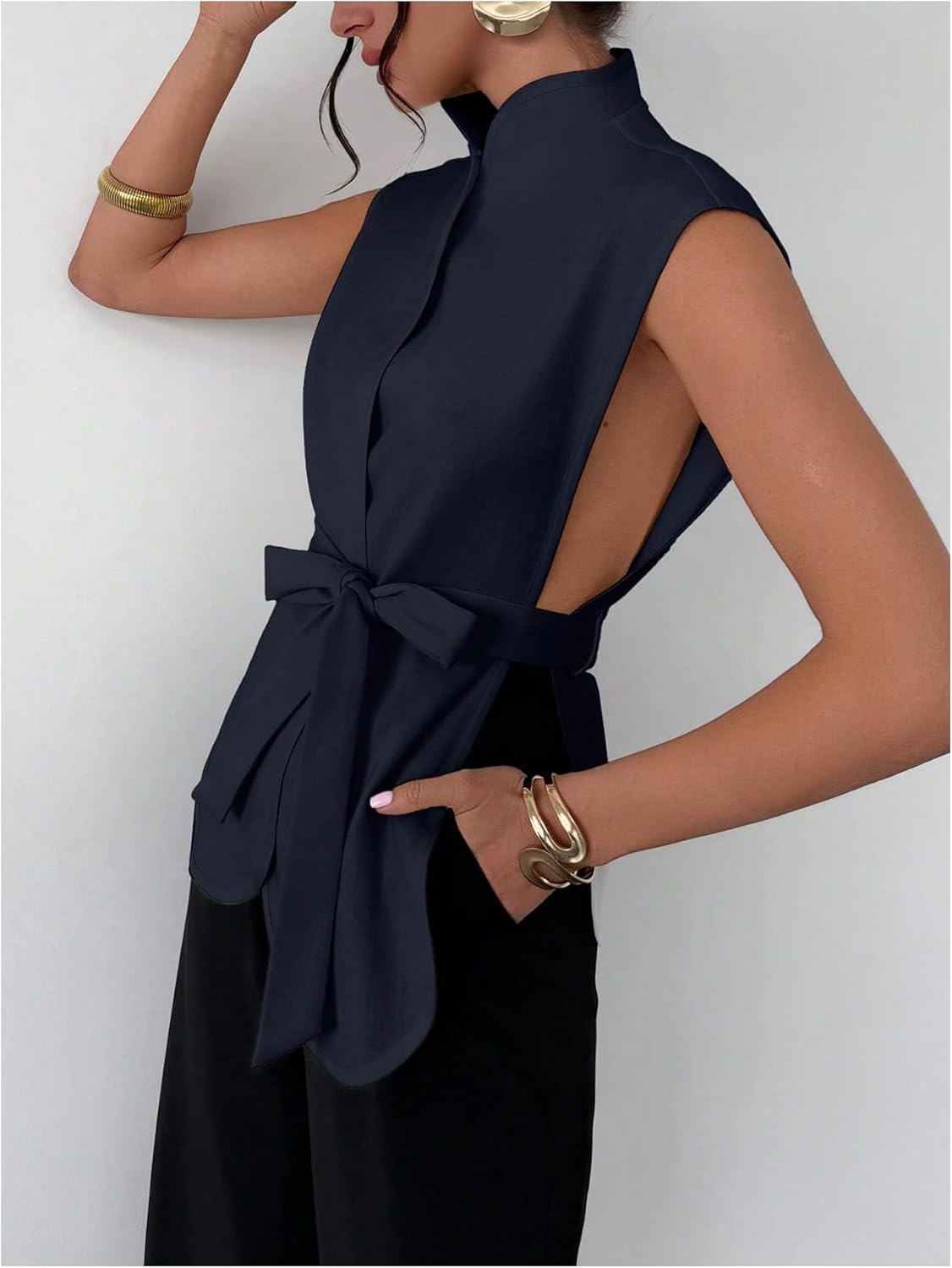Floerns Women's Elegant Mock Neck Vest Tie Front Sleeveless Office Lightweight Jacket