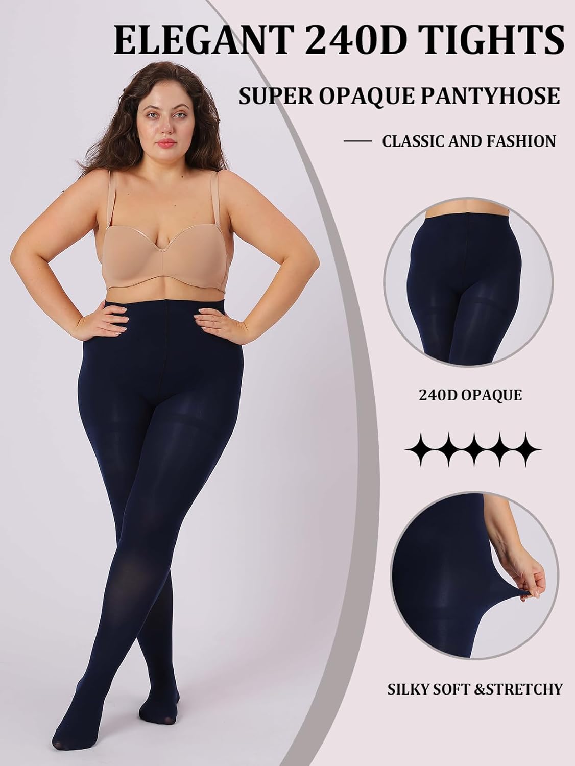 MERYLURE 240D Plus Size Tights for Women Opaque Control Top Pantyhose Ultra Soft High Waist Solid Color Footed Stockings - Image 3