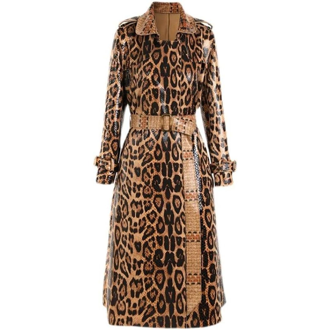 Women Designer Winter Snake Pattern Printing PU Leather High Street Long Straight Trench Coats