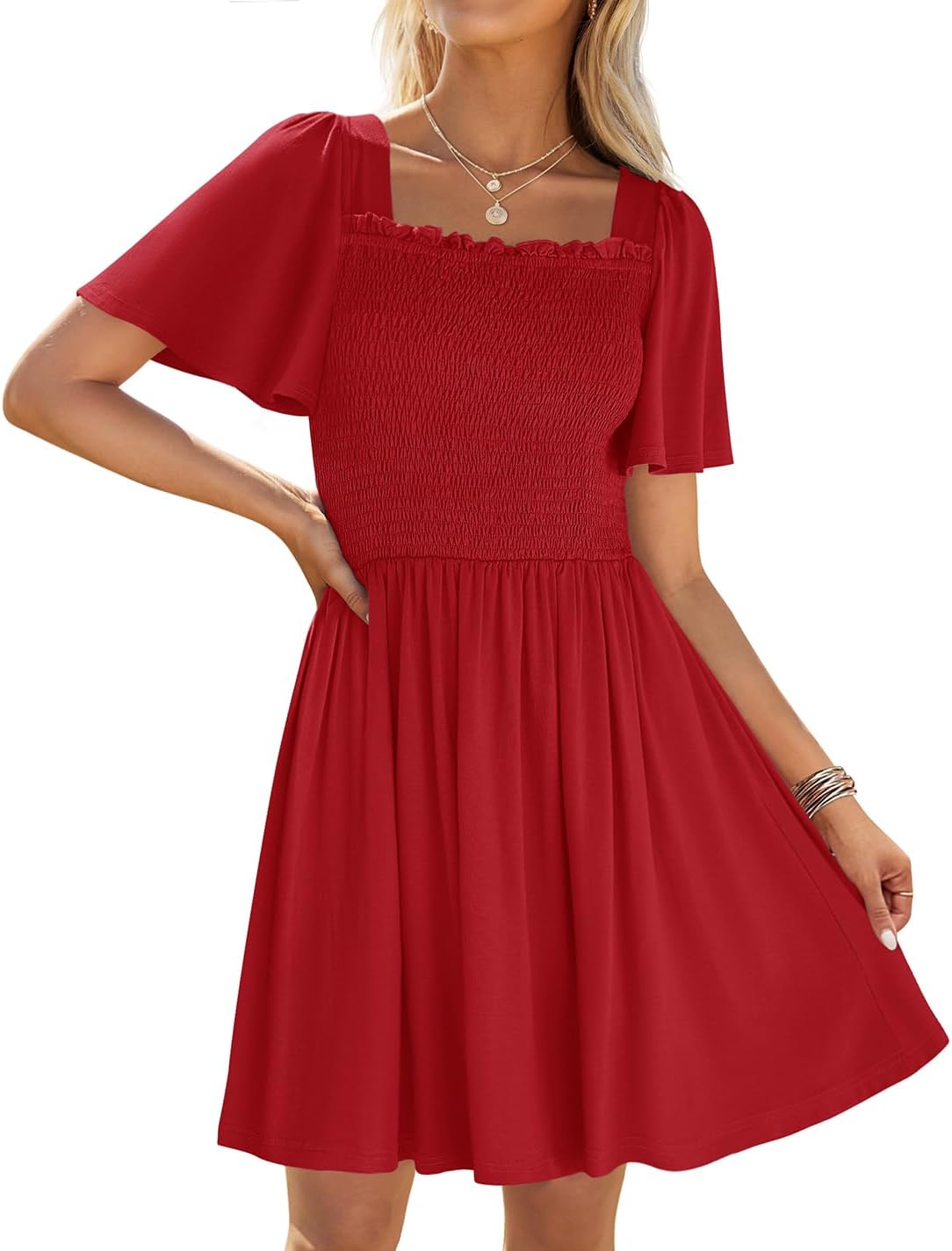 ZESICA Women's 2026 Summer Casual Mini Dress Flutter Short Sleeve Square Neck Smocked Tiered Ruffle Flowy Dresses