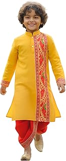 NEEDLE GO TRADITIONAL Boys Cotton Jamdani Kurta with Silk Dhoti Set, Traditional Indian Ethnic Wear, Full Sleeve, 2-14 Yea... Price In India