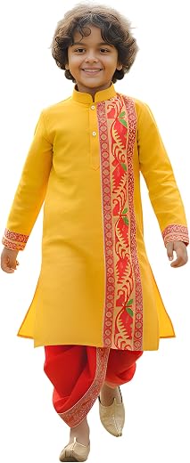 NEEDLE GO TRADITIONAL Boys Cotton Jamdani Kurta with Silk Dhoti Set, Traditional Indian Ethnic Wear, Full Sleeve, 2-14 Yea...