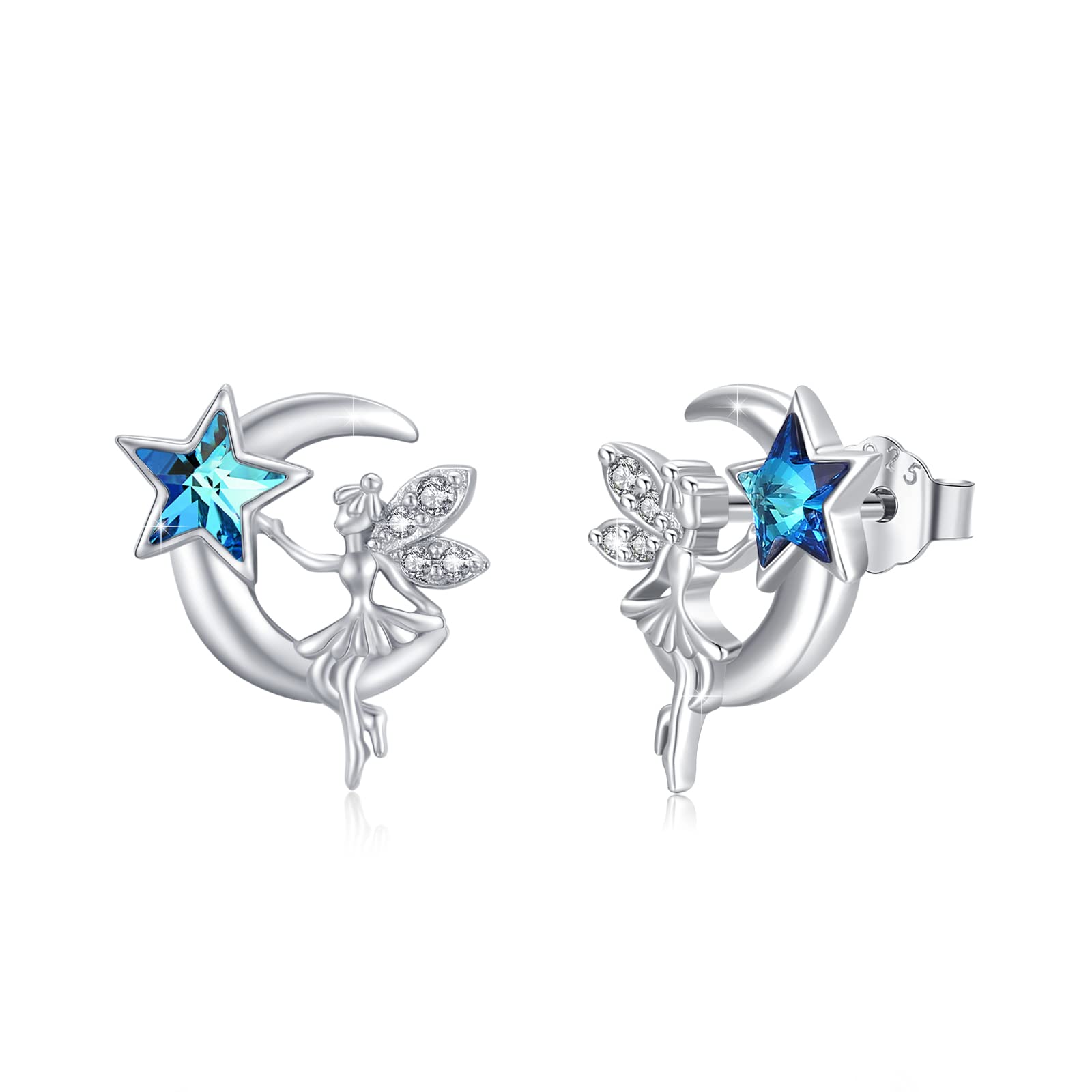 Mond Elfe Fee Ohrringe 925 Sterling Silber Elfen Halbmond Stern Ohrstecker mit blauem Kristall Fee Schmuck Geburtstage Geschenke für Frauen