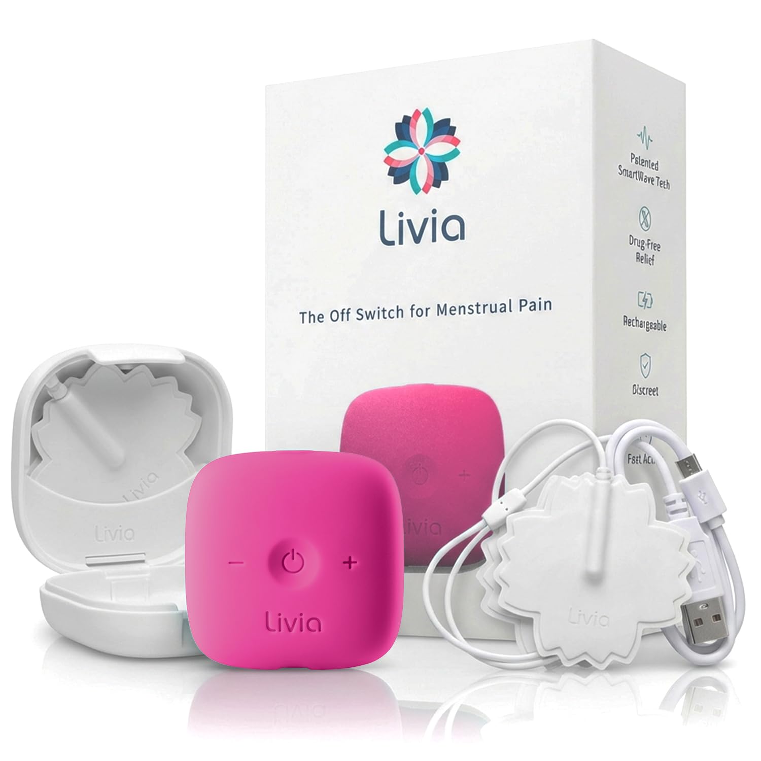 Livia Menstrual Pain Relief Device, Pink – Off-Switch for Period Pain – Portable & Discreet – Rechargeable, Up to 8 Hours Battery – Complete Kit with Stick-On Pads – The Go-to Travel Partner