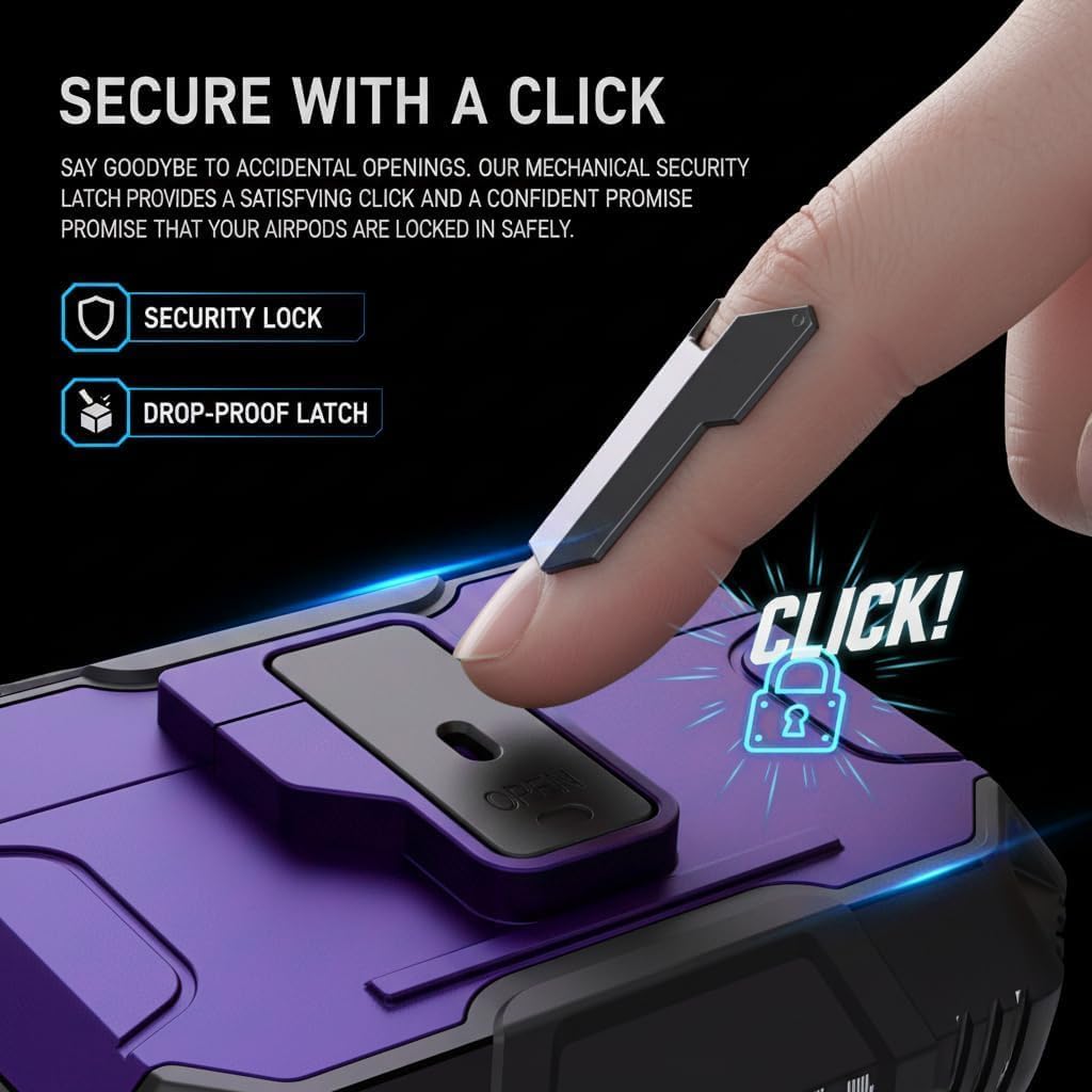 for AirPods 4 Case 2024 with Secure Lock Clip - Military-Grade Drop Protection AirPods 4th Generation Case, Carbon Fiber Shockproof Cover, Automatic Pop-up & Carabiner Hook, Purple Black image 4