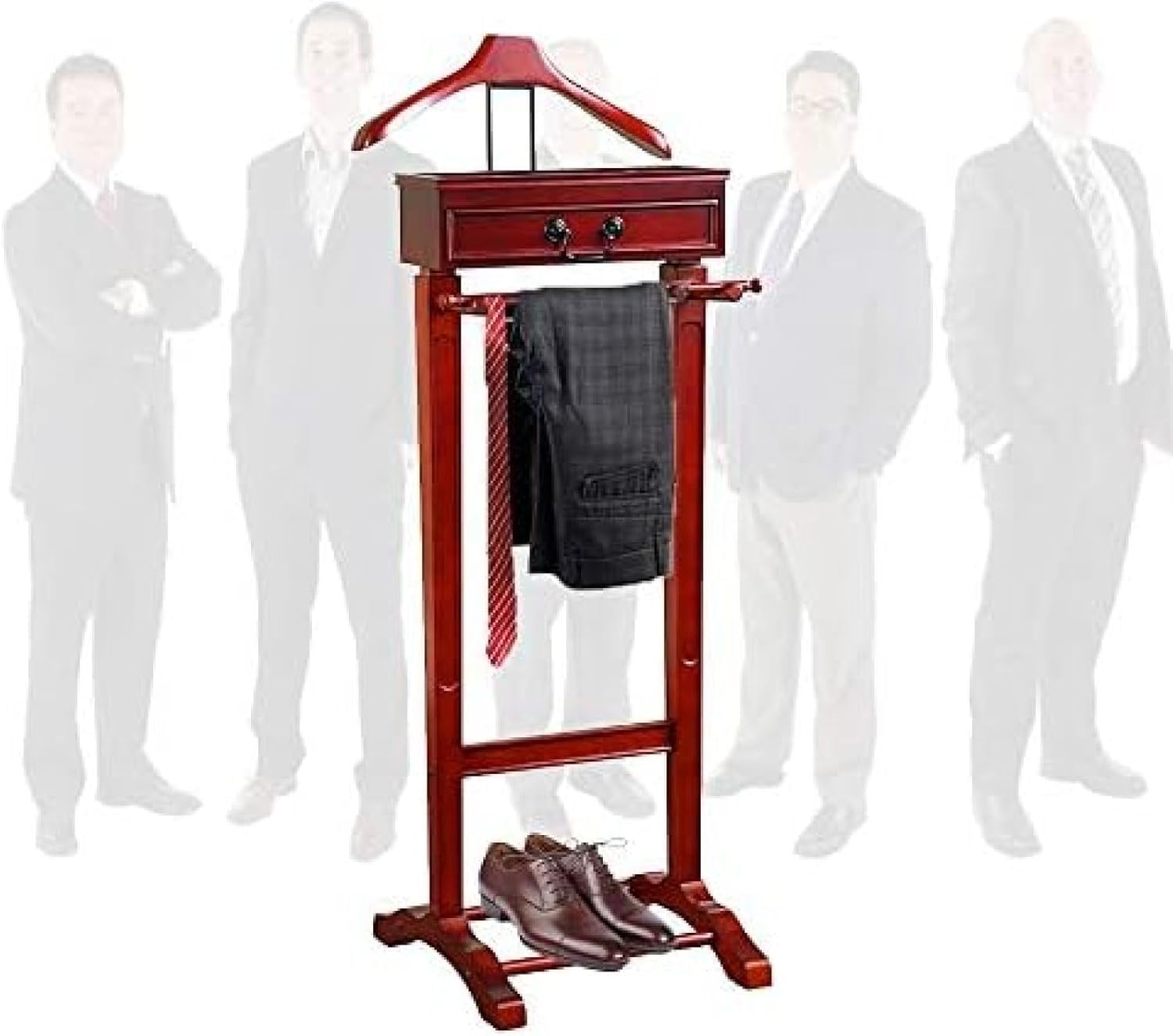 Floor Standing Suit Hanger Rack Wooden Clothes Valet Stand with Drawer Crease-Free Suit Coat Stand Storage Non-Slip Foot Pad for Bathroom Office Bedroom H X W X D:122 X 4,