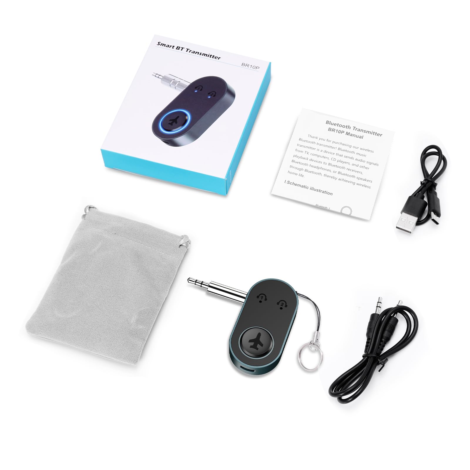 Nadajnik audio Bluetooth 5.3, adapter do słuchawek Bluetooth z podwójnym połączeniem, przenośny nadajnik Bluetooth do samolotu, odtwarzanie 16H, bezprzewodowe adaptery Aux 3,5 mm do domowego