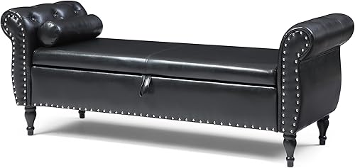 Miniatura 30 de HMFULE Taburete rectangular de almacenamiento multifuncional de 63 pulgadas, patas de madera maciza, banco tapizado de terciopelo con 1 almohada