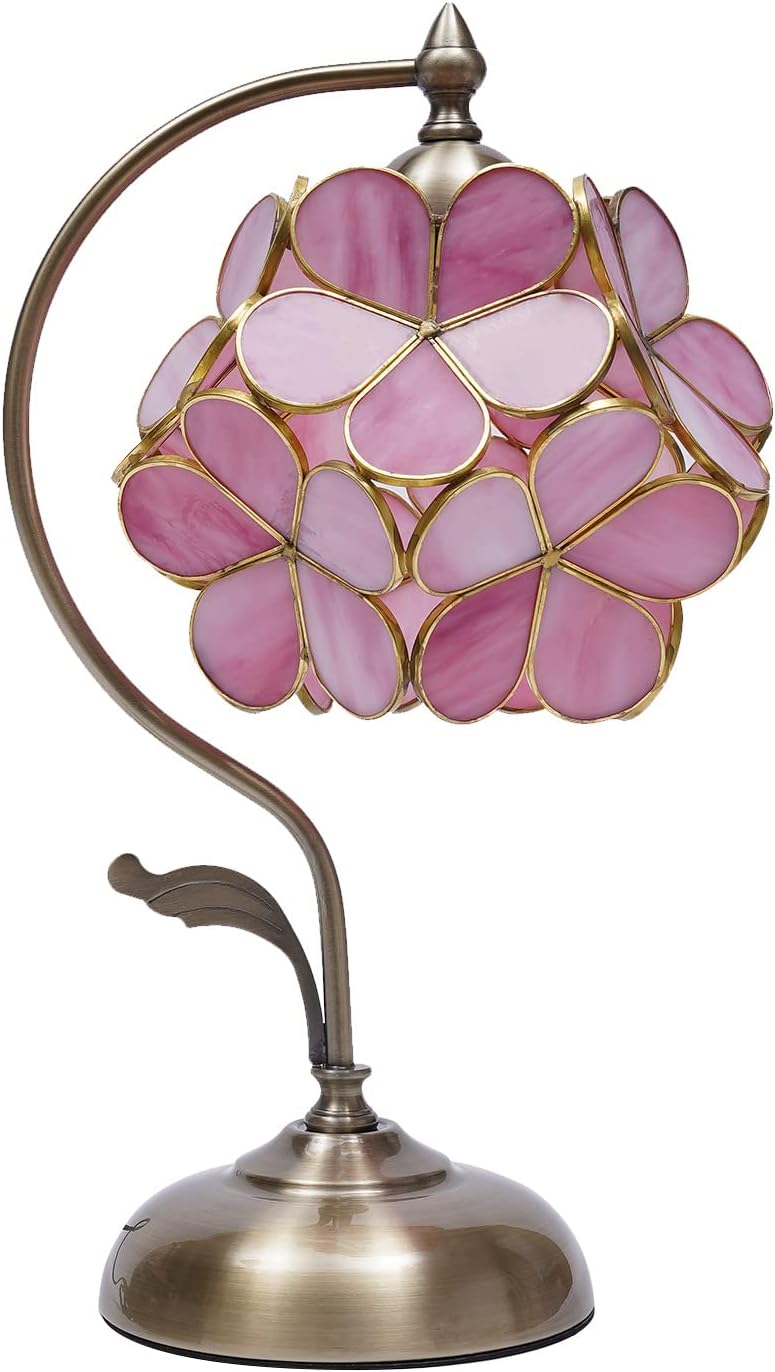 Cherry Blossom Tiffany Style Stained Glass Table Lamp with Petal Lampshade Vintage Brass Base (Pink)