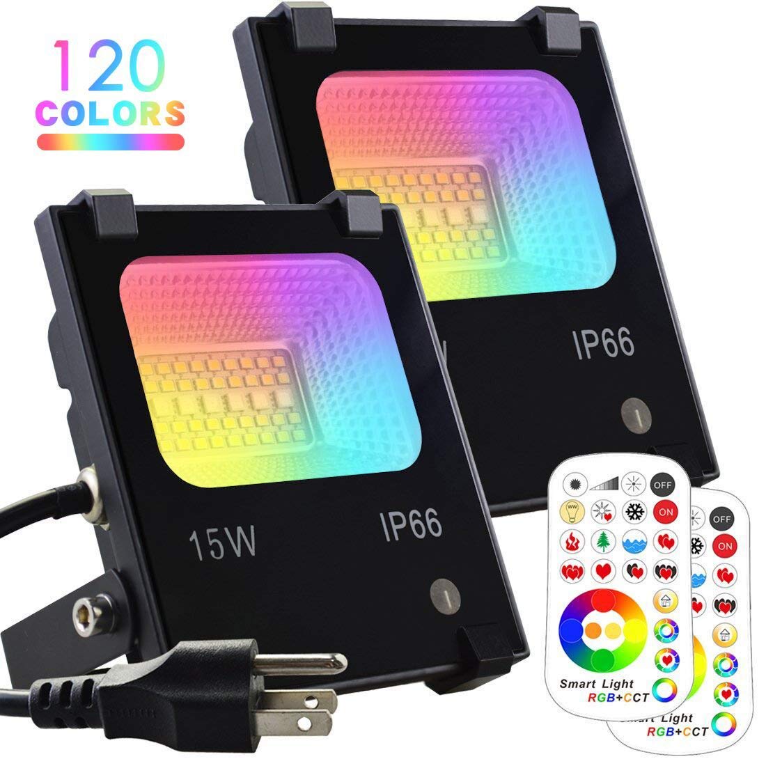 MELPO15W LED Flood Light Outdoor, Color Changing RGB Floodlight with Remote, 120 RGB Colors, Warm White to Daylight Tunable, IP66 Waterproof, US 3-Plug (2 Pack)