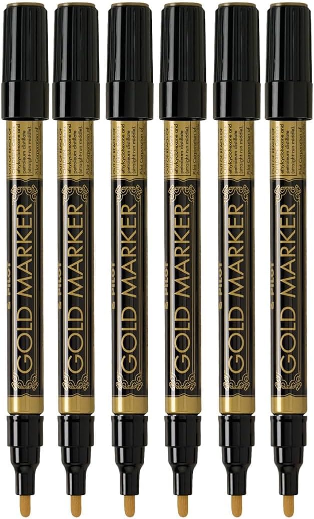 Metallic Permanent Paint Markers, Gold, Medium Point (2.0mm), 6 Count, Bundle with Plastic Reusable Pouch