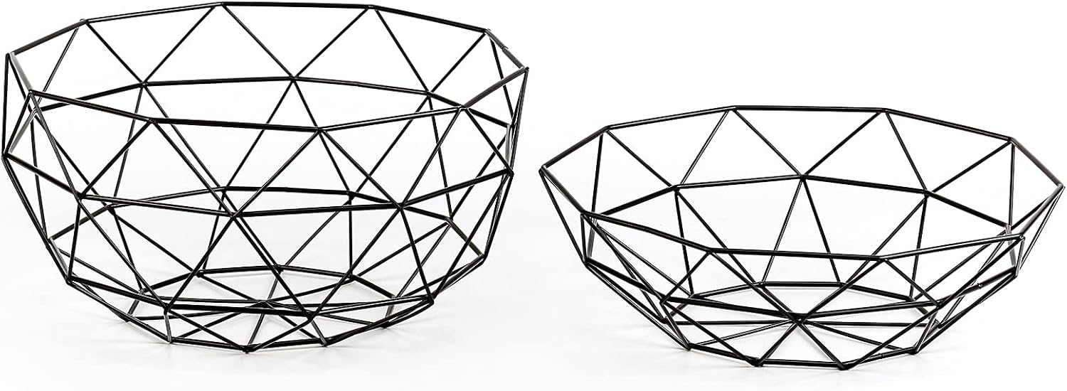 Aecipl Metal Wire Bowl Set of 2 for Fruits and Vegetables - Iron Countertop Storage Basket for Bread and Snacks - Potpourris Veggie Holder Decorative Kitchen Counters Table Centerpiece (Gold)
