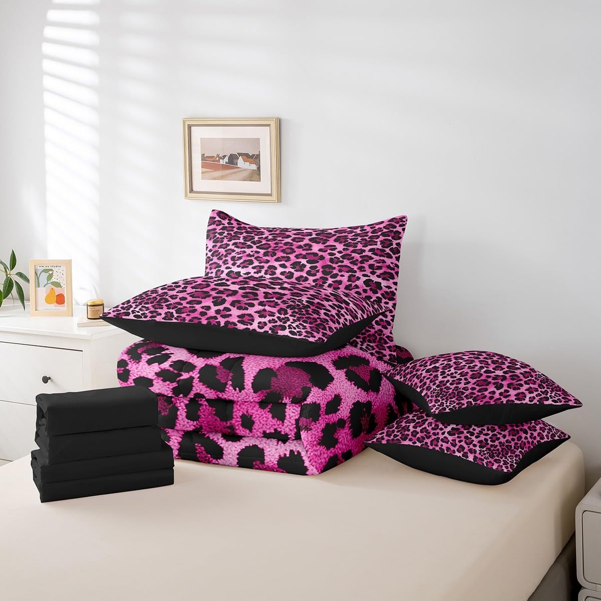 Feelyou Leopard Bedding Set for All Season Queen Size Kids Cheetah 7 Pieces Comforter Sets for Boys Teens Hot Pink Animal Print Bed in a Bag with Comforter, Sheets, Pillowcases & Cushion Cover