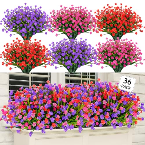 unlemoni 36 Pcs Artificial Flowers for Outdoors, UV Resistant Faux Plastic Plants, Fake Flowers for Hanging Planters, Window Boxes, Garden, Porch, Wedding Decor ﻿