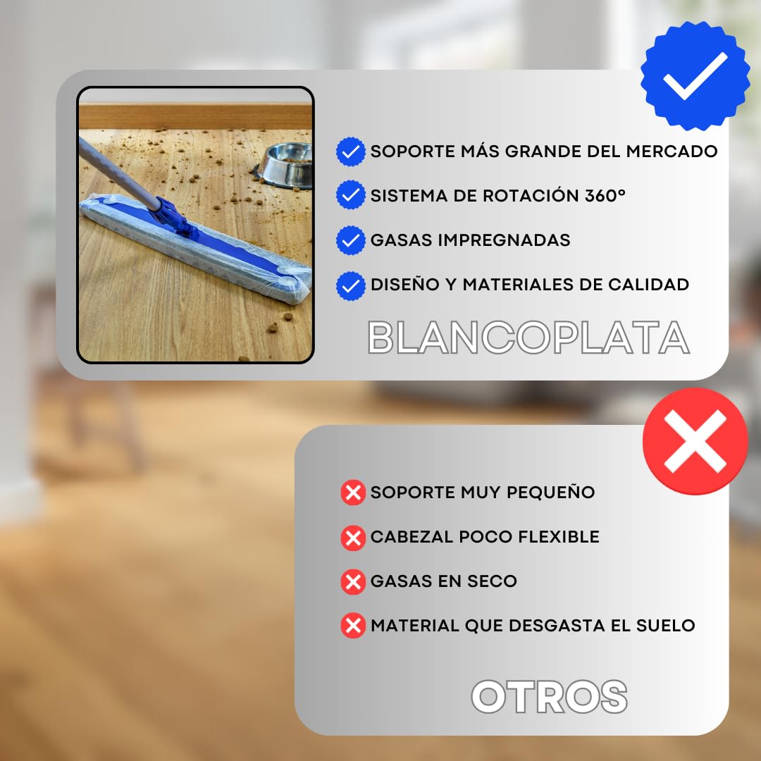 Pack de Mopa de Limpieza Suelos Palo+ Soporte +Recambio 50 gasas atrapapolvo Limpieza en seco + Recambio 12 mopas Microfibra Limpieza en húmedo. Todo Tipo de Suelos.
