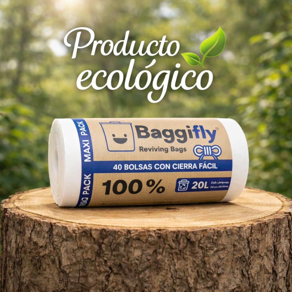 Baggifly, Bolsas de Basura 20L, 200 Bolsas Resistentes, 100% Recicladas, Cierre Fácil, ECO Friendly, Ideal para oficinas, clínicas, hoteles, baños, Maxi Pack 5 x 40, Fabricado en España, Blanco