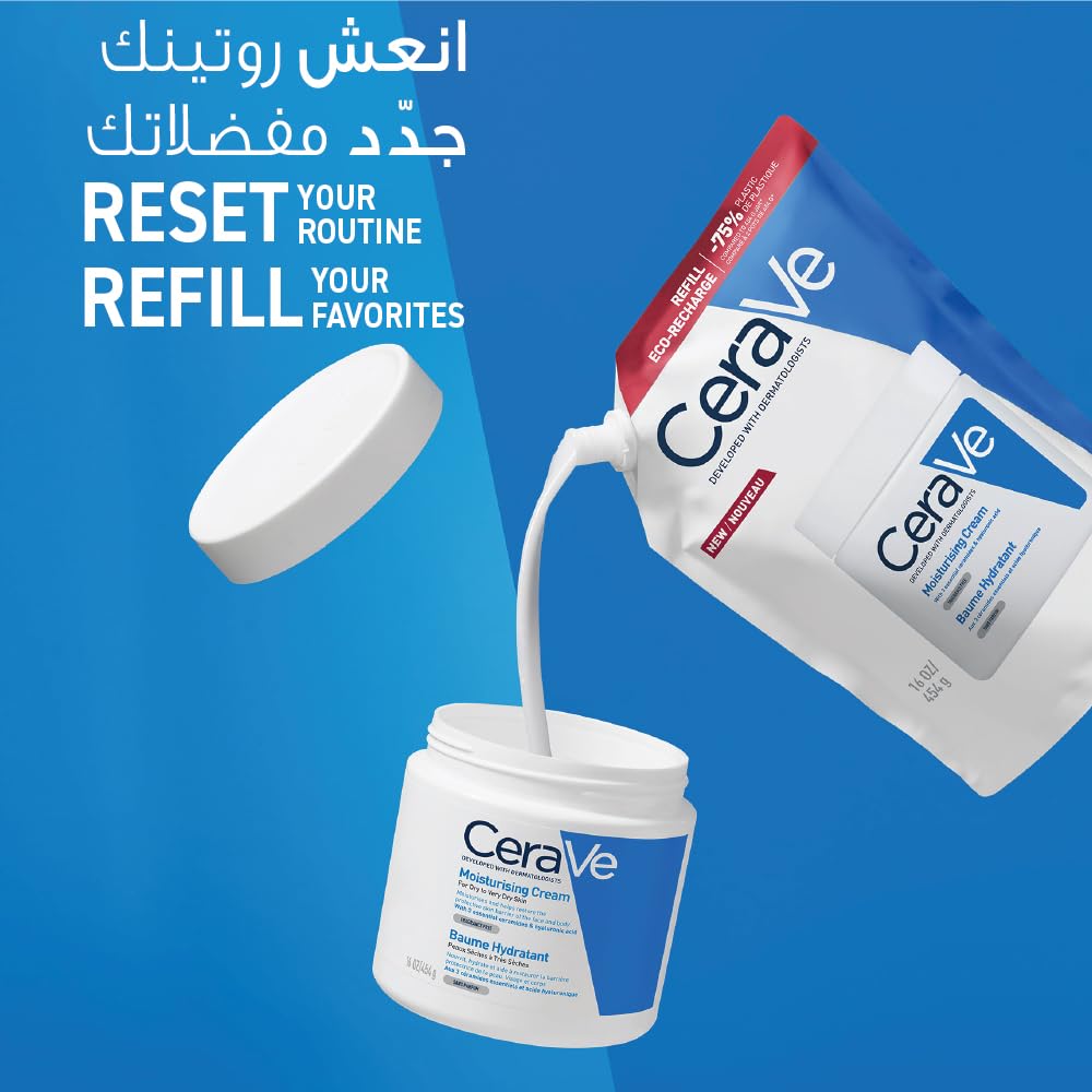 CeraVe Moisturising Cream Refill – Value Refill Pouch of Rich Face & Body Cream with 3 Ceramides & Hyaluronic Acid, 24-Hour Hydration for Dry Skin, Less Packaging, Fragrance-Free
