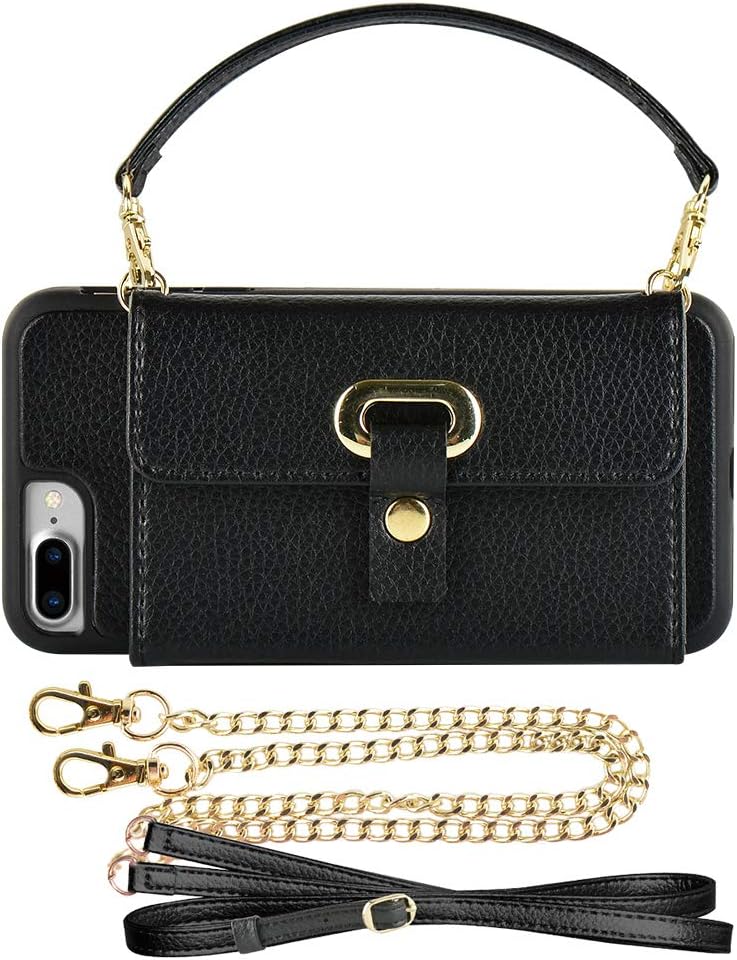 LAMEEKU Wallet Case for iPhone 7 Plus, iPhone 8 Plus Leather Case Credit Card Slot Holder Purse Handbag with Crossbody Chain Wrist Strap Protective Cover, Compatible for iPhone 8 Plus/ 7 Plus Black