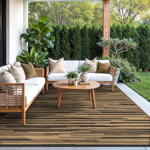 Image of GENIMO Outdoor Rug, Waterproof Plastic Rugs for Patio, 6'x9' Walnut Brown | Outside Larger Modern Carpet Mat for Porch Decor, Deck, Balcony, Camping, RV, Backyard, Picnic, Beach, Reversible, Foldable