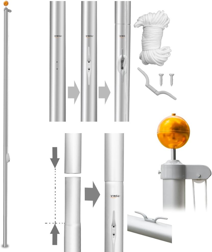 VINGLI Upgraded 25FT Sectional Aluminum Flagpole, Thick Tube Halyard Flag Pole,Kit Free 27~33mph, with 3'x5' polyester USA American Flag， Golden Ball Top Halyard Rope PVC Sleeve