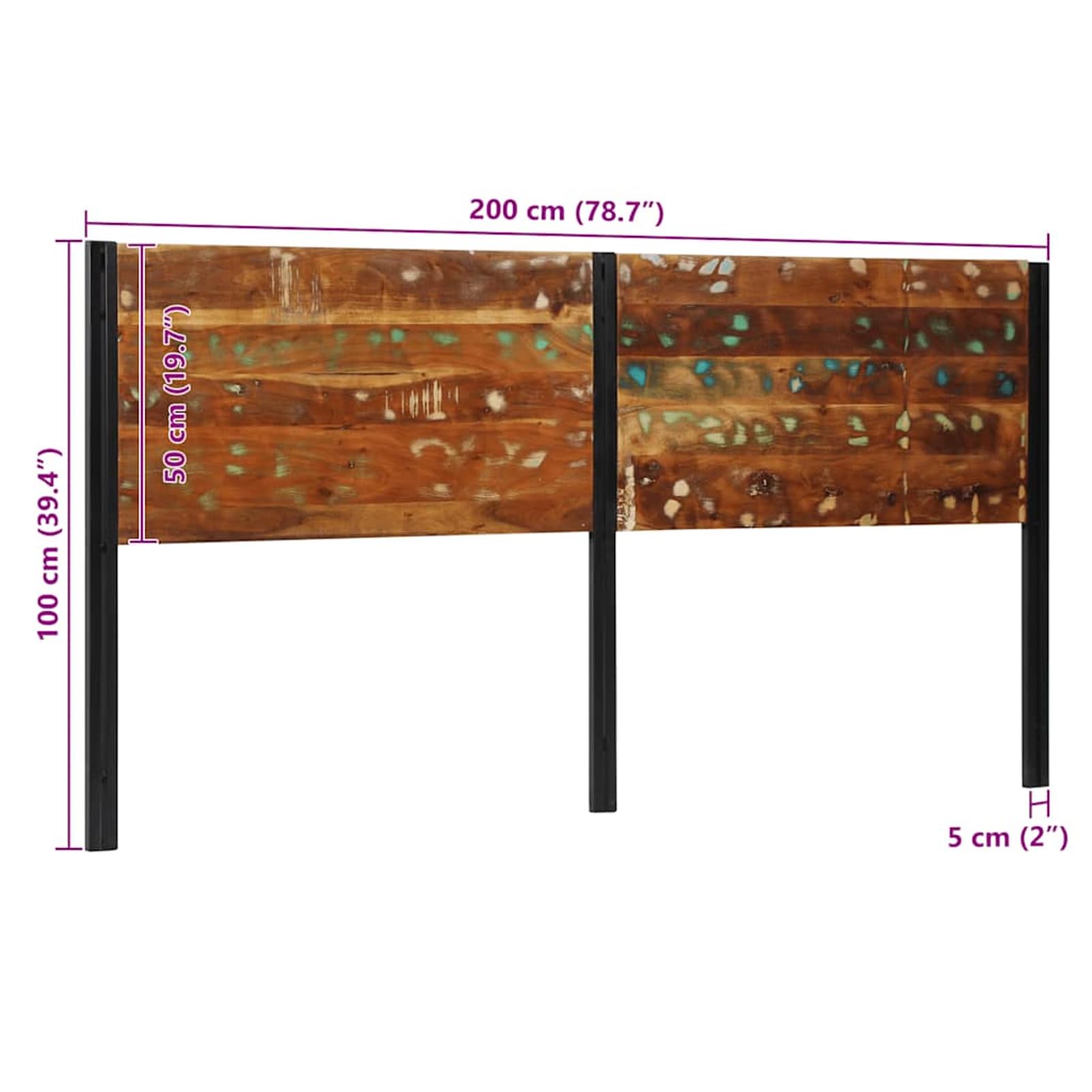Tête de lit en bois recyclé de 200 cm en bois massif et fer, pour lits sans tête de lit, idéale pour les chambres et les salons modernes, montage facile, facile à nettoyer et assise douce pour