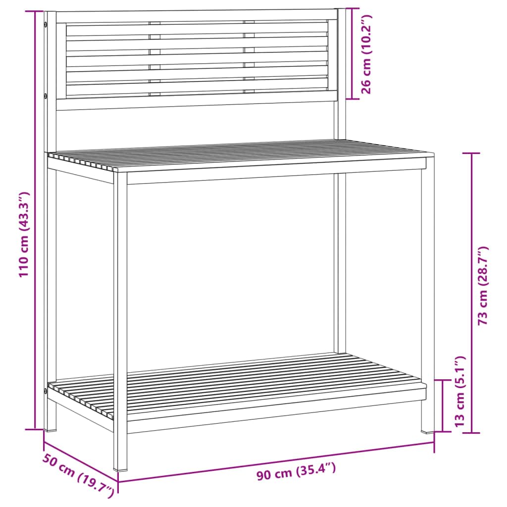Garten-Arbeitstisch 90x50x110 cm aus massivem Akazienholz und pulverbeschichtetem Stahl mit Ablage, Aufkantung, wetterbeständig für Outdoor Pflanztisch und Pflanzenzubehör