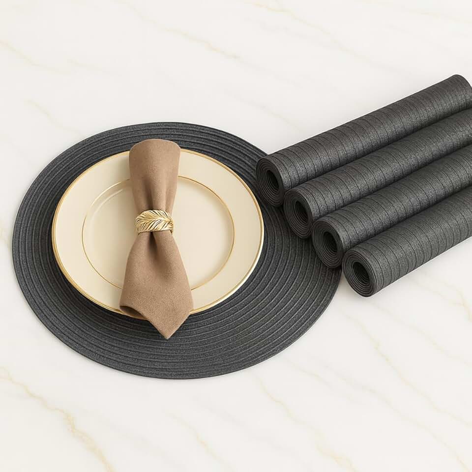 Kit 4 Peças Jogo Americano Fibra Sintética Redondo Circular Sousplat para Mesa Posta Lavável Resistente Conjunto Casa Cozinha Restaurante Elegante Decoração Fácil de Limpar (Cinza Grafite)