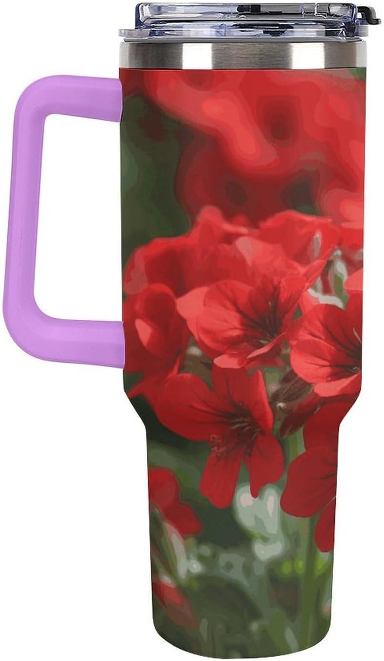Red Geraniums Tumbler 40 Oz with Handle&Lid Large Car Cup Stainless Steel Vacuum Travel Mug Insulated Water Bottle Leak-proof Portable Coffee Cup for Home Car Outdoor