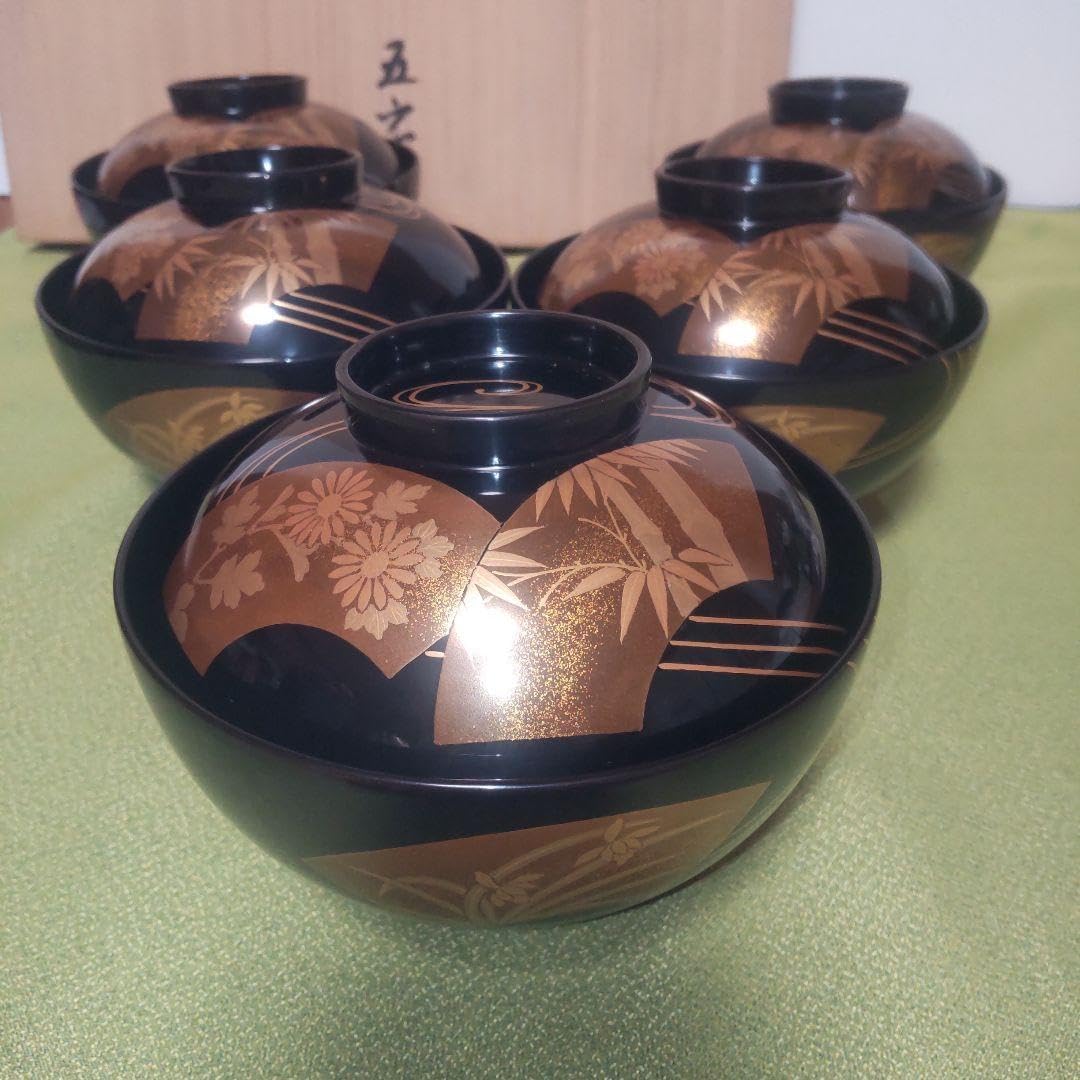 輪島塗 金 蒔絵 扇面 蓋付 椀 吸物椀 竹 梅 木箱 伝統工芸 漆器