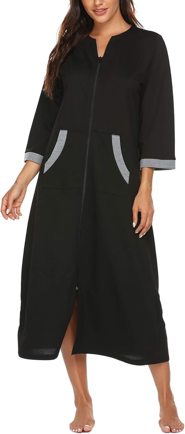 Ekouaer Women Zipper Robe 3/4 Sleeves Loungewear Dress Full Length Sleepwear Pockets Housecoat Nightgown Long Bathrobe - Image 5