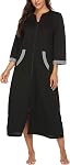 Ekouaer Women Zipper Robe 3/4 Sleeves Loungewear Full Length Sleepwear Pockets Housecoat Long Soft Bathrobe