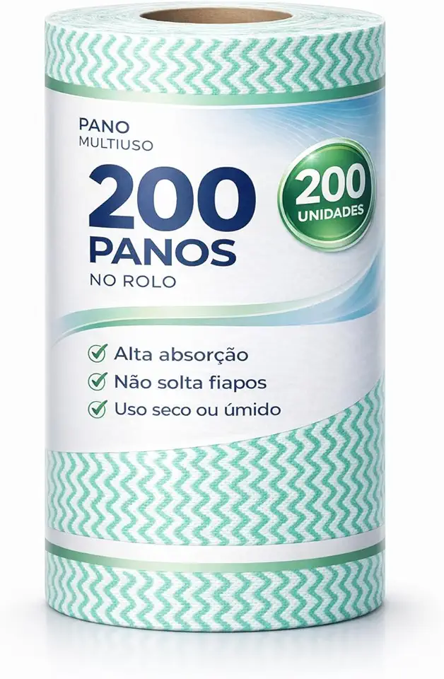 Rolo de Pano Descartável Multiuso 200 Folhas Tipo Perfex em Poliéster – Pano para Limpeza Doméstica, Cozinha, Banheiro e Lavanderia (Folhas em Rolo) 25x30cm