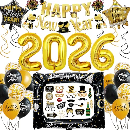 Decoration Nouvel an 2026, Or Noir Cotillons Nouvel an 2026, Happy New Year 2026 Bannière, 2026 Ballons Géants, Nouvel an Accessoires Photobooth Nouvel An Kit Fete Nouvel An