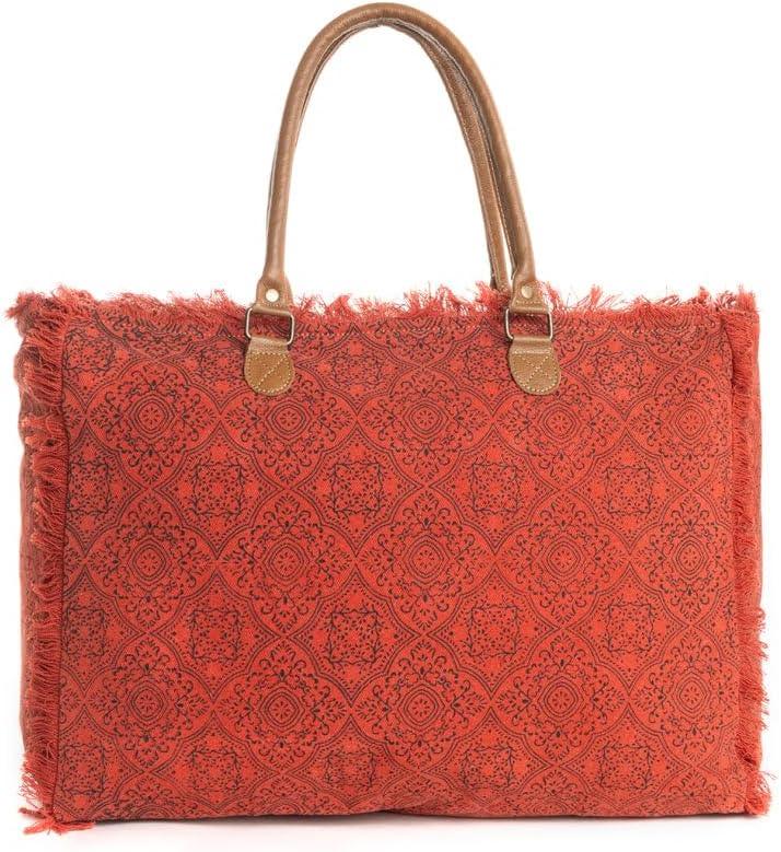 Myra Bag Weekender Bag - Extra Large Canvas Tote, Mandala Print, Leather Handle, Zipper Top, Carry On Travel Bags for Women