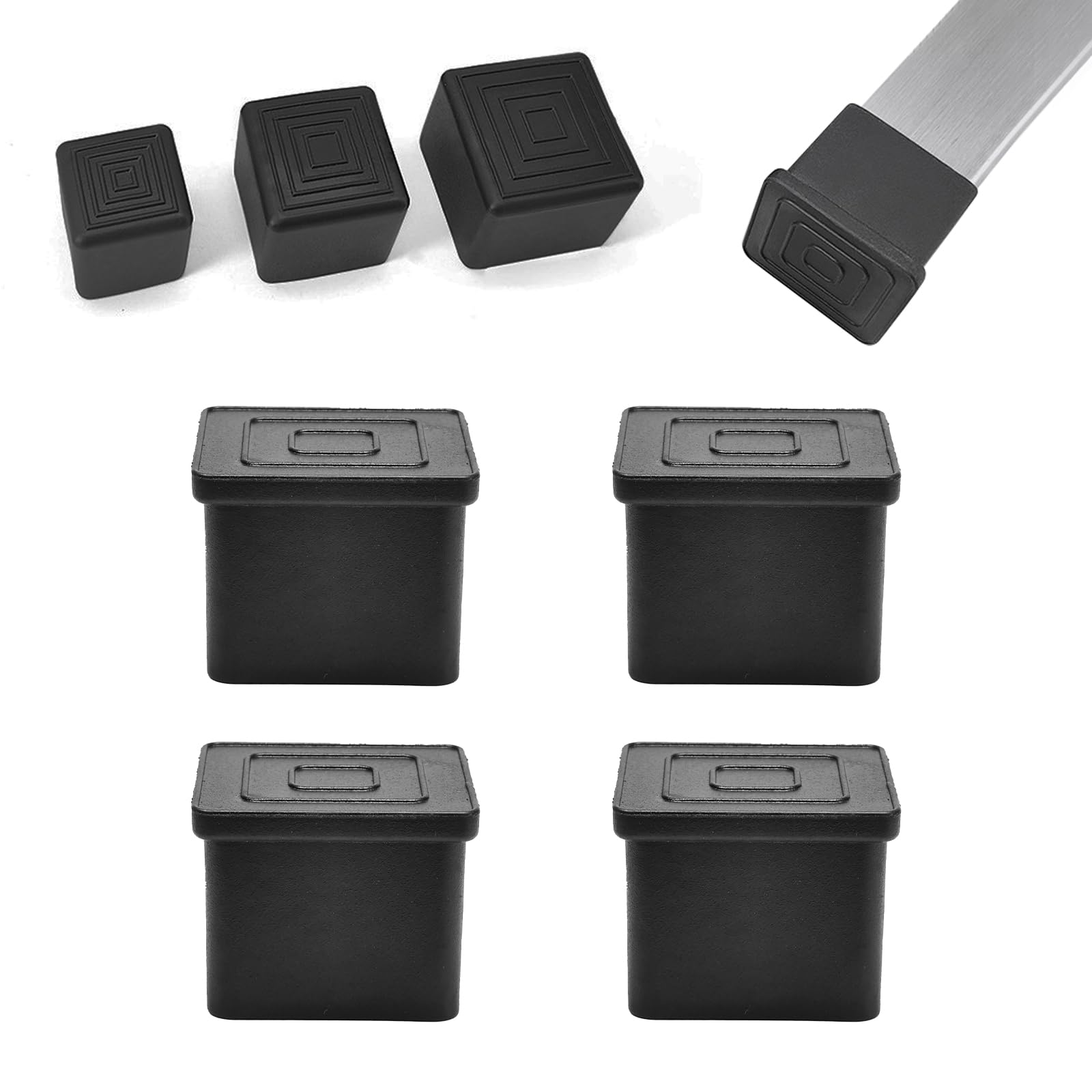 BOPOREAE 4 Pcs 2-3/8" x 2-3/8" Black Square Rubber Chair Leg Caps