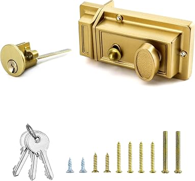 QWORK Night Latch Deadbolt Trim Lock Key Gold Finish Antique Style Lock with Front Door Key