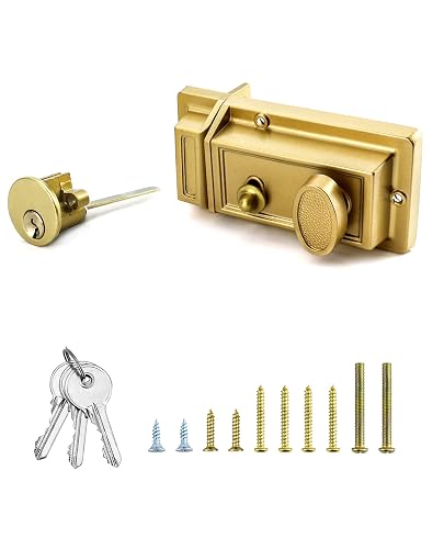 QWORK Night Latch Deadbolt Rim Lock with Key Gold Finish Antique Style Lock with Front Door Key