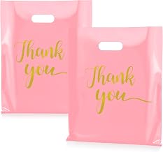 Thank You Merchandise Bags, 9x12 Inch Plastic Thank You Shopping Bags 100 Pack Reusable Pink Gift Grocery Goody Retail Bags with Handles for Small Business Retail Boutique Stores Packaging Supplies