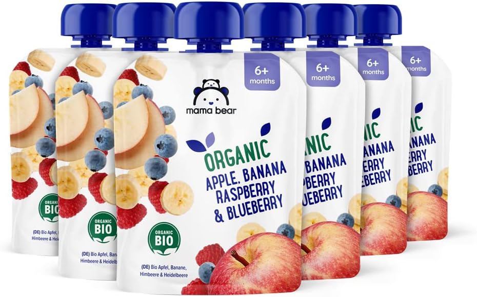 Amazon Brand - Mama Bear Organic Apples, Banana, Raspberry & Blueberry Puree Sachets, Vegetarian, 90 g, Pack of 6