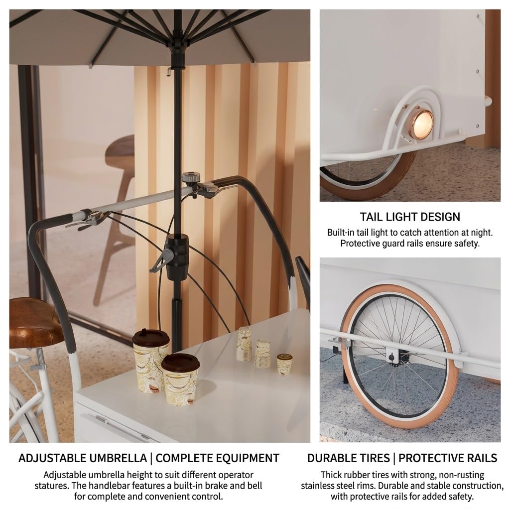 Mobile Vending Bicycle Cart,Parasol & Storage Box - Commercial Food Display Stand Market Stall Display Stand for Street,Markets,Festivals and Outdoor Events