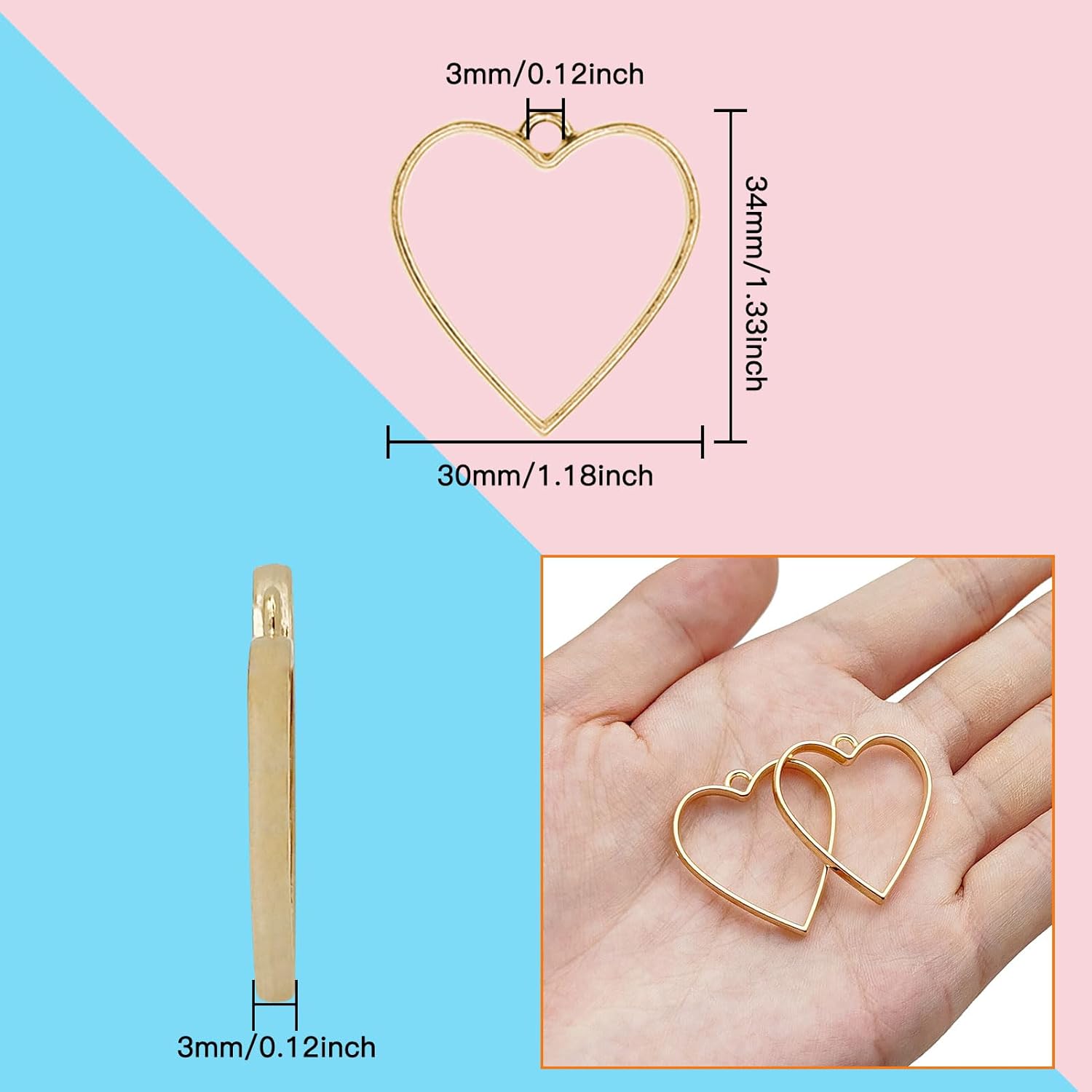 Oubaka 50pcs Open Bezel Pendants Heart Open Back Frame Pendant Hollow Frame Pendants Resin Craft Bezels for Earrings, Necklace, Bracelet, Pressed Flower, DIY Crafts(K Gold) - Image 2