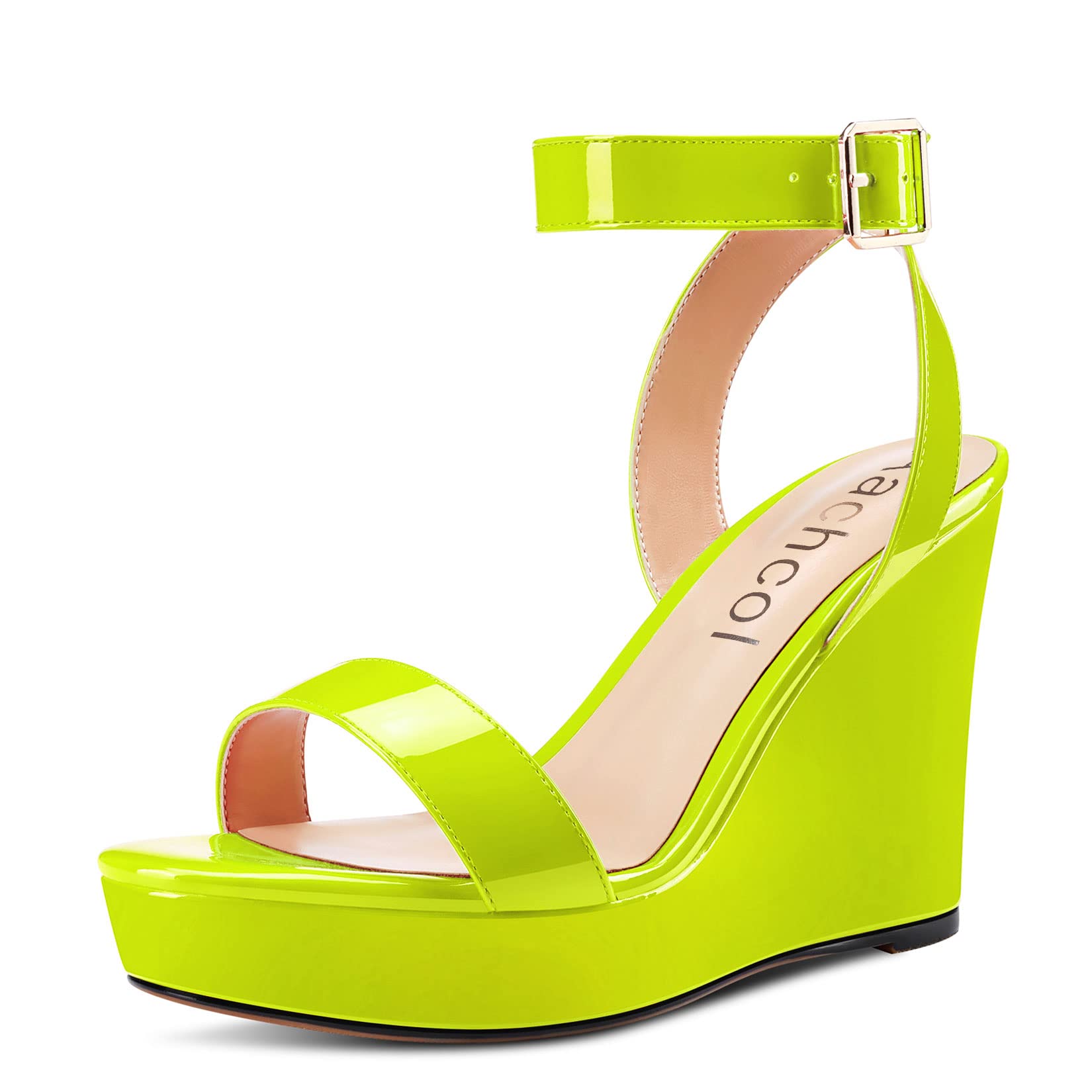 Aachcol Women Platform Wedge Sandals Round Peep Open Toe Ankle Strap Slingback Two-Piece Chunky Block High Heel Dress Shoes Pumps Party Patent 4 Inch