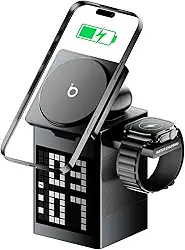 Basike Carregador Sem Fio Magnético 3 em 1, Rápido 15W, Compatível com MagSafe, com Alto-falante Bluetooth/Despertador para iPhone 16/15/14/13, Apple Watch 1-8/Ultra, AirPods (Sem Adaptador CA)