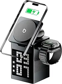 Basike Carregador Sem Fio Magnético 3 em 1, Rápido 15W, Compatível com MagSafe, com Alto-falante Bluetooth/Despertador para iPhone 16/15/14/13, Apple Watch 1-8/Ultra, AirPods (Sem Adaptador CA)