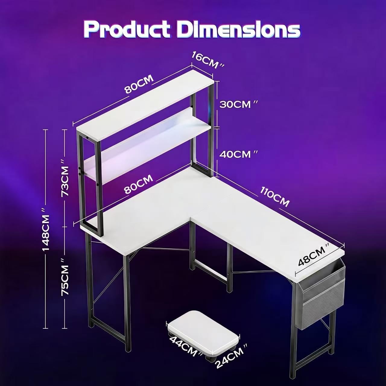 Gaming Schreibtisch L Form, Computertisch 110 x 80 x 148 cm mit LED-Beleuchtung, Seitentaschen, Eckschreibtisch mit Pc Ständer, für Büro und Zuhause, Weiß