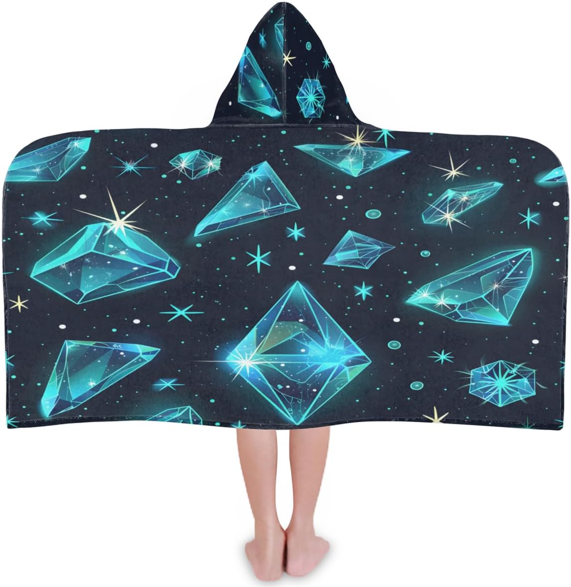 Kids Hooded Bath Towel for Boys Girls, Light Blue Shiny Diamond Pattern Cotton Hooded Beach Towel Wearable Wrap Poncho for Toddler Swimming Pool