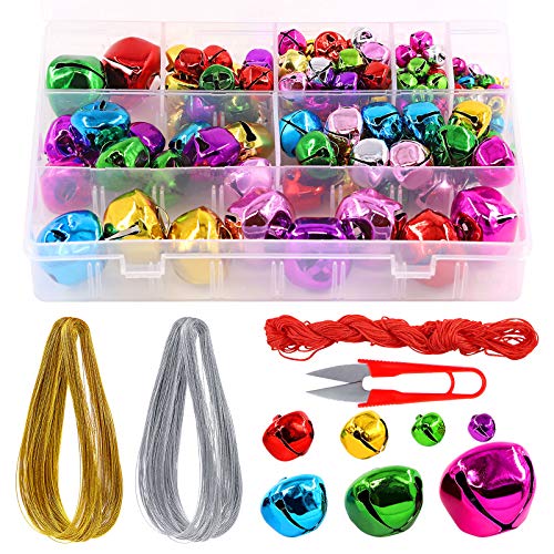 Swpeet 154Pcs Colorful 8mm-30mm Big Sizes Christmas Jingle Bells Assortment Kit with 225m 3 Colors Cord, Jingle Bells and Craft Bells Perfect for Christmas Party Decorations Craft