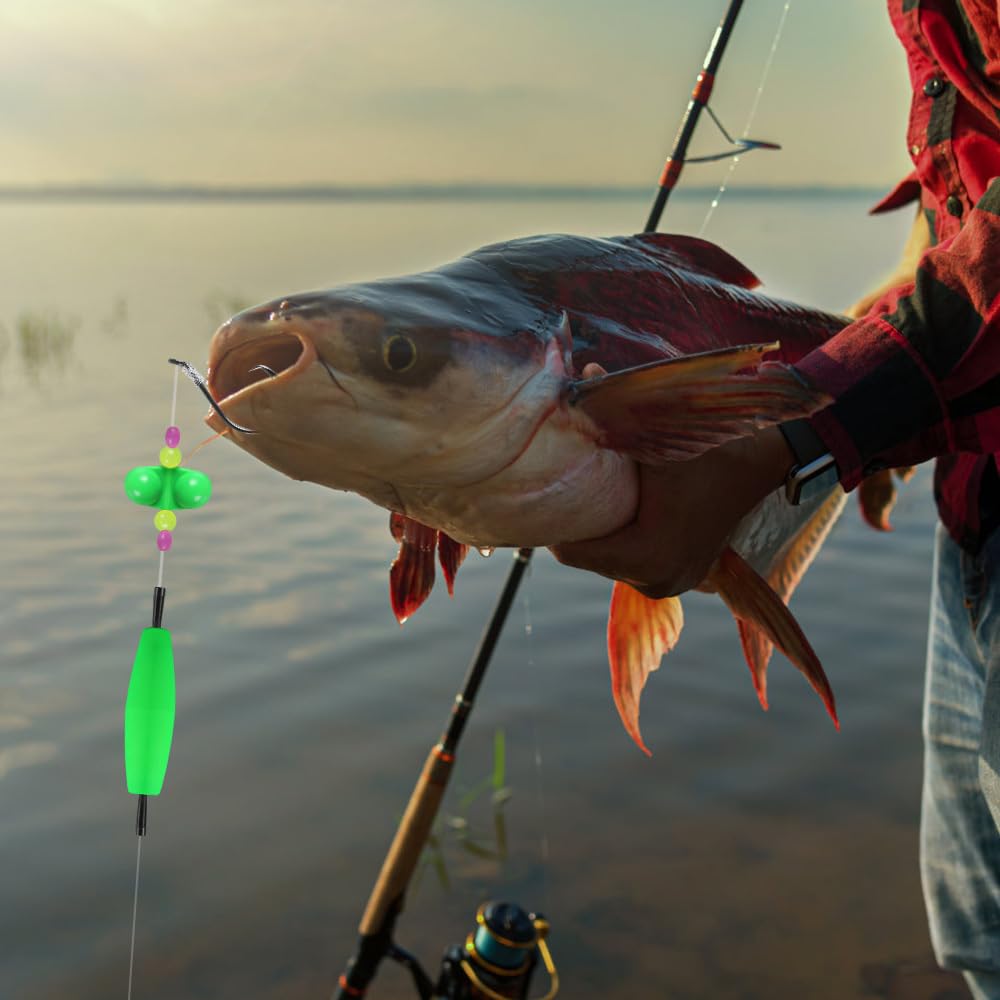 Attrezzatura per Pesca Pesce Gatto, 3 Pezzi 6/0 8/0 Esche Pesci Gatto Ami Circolari, Galleggianti per Pesci Gatto con 2 Perline in Acciaio Integrate per la Pesca in Riva e Sul Fiume